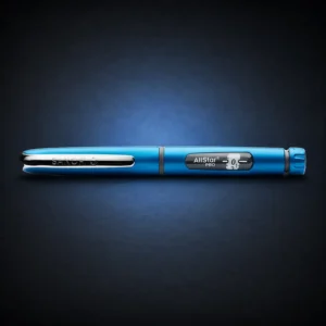 Blue AllStar Pro reusable pen on a dark navy studio background.