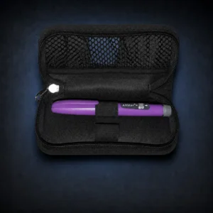 Purple AllStar reusable insulin pen in an open black carrying case