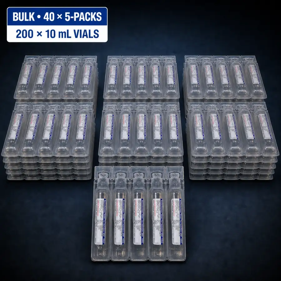 Bulk BAC: 40 5-Packs of 10ml Vials 1 Bulk bacteriostatic water — 40 five-packs containing 200 10 mL vials