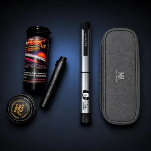 NovoPen Conundrum 4 NovoPen 6 with NP Max Adapter and travel case on a dark navy background