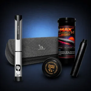 NovoPen 5 with NP Max Adapter and travel case on a dark navy background