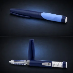 Blue HumaPen Ergo II reusable pen shown closed and opened on a dark navy background