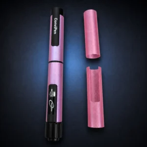 Pink glitter Convipen and Gansulin cover set on a dark navy studio background