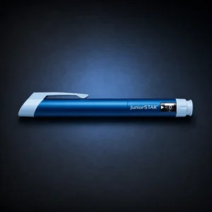 Blue Sanofi JuniorSTAR manual reusable pen on a dark navy background