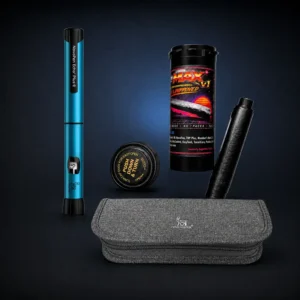 NovoPen Conundrum 5 Blue NovoPen Echo Plus with NP Max Adapter components and travel case on a dark navy background