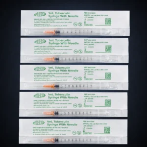 Five AHS 1 mL Luer-slip syringes with attached 25G × 5/8-inch needles.