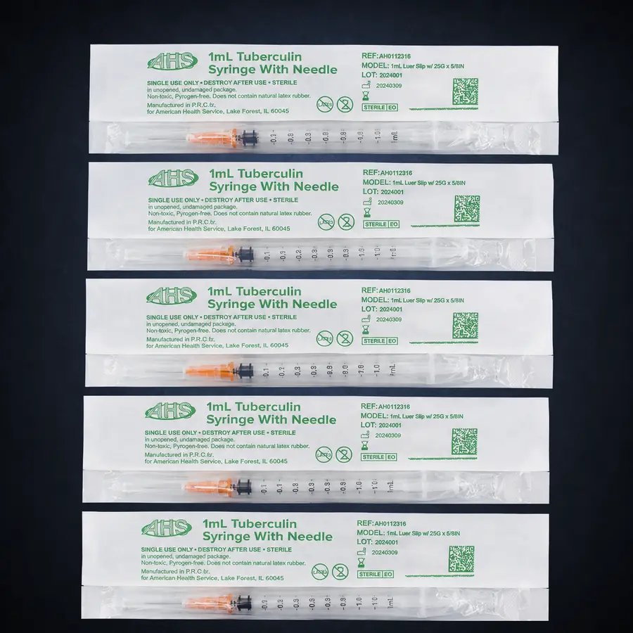 1 mL Luer-Slip Syringe & 25G Needle – 5 Pack 1 Five AHS 1 mL Luer-slip syringes with attached 25G × 5/8-inch needles.