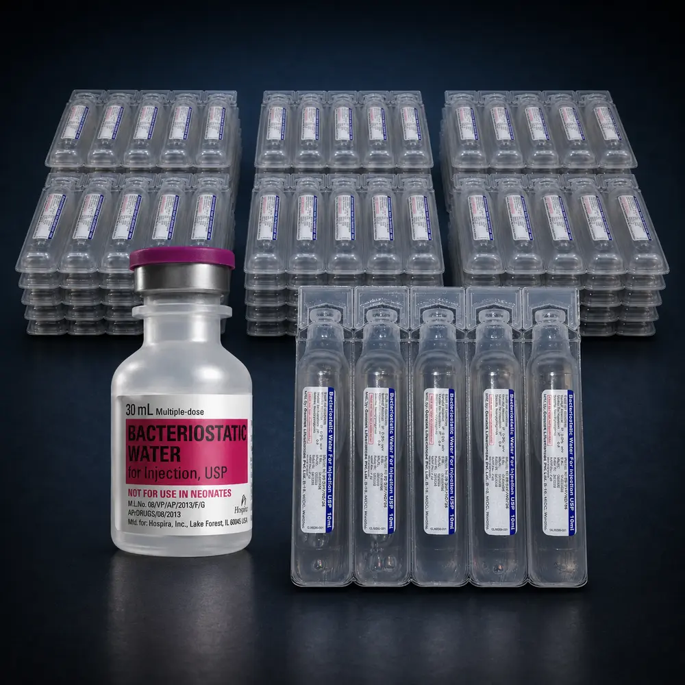 Home 4 Bulk BAC packs, Hospira 30 mL bacteriostatic water, and a 5-pack of 10 mL BAC vials