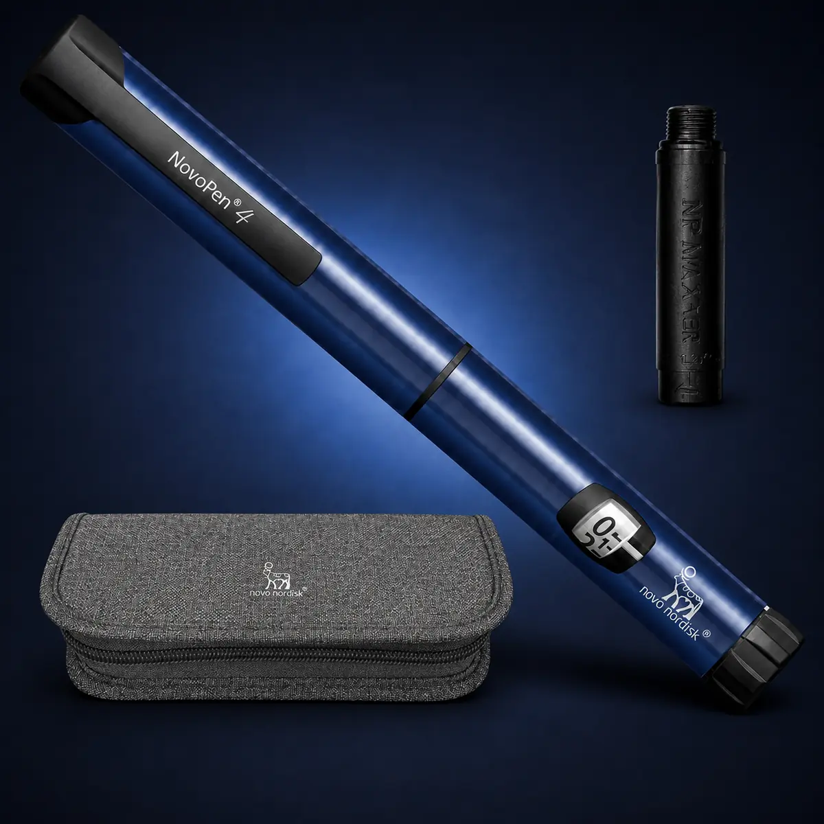NovoPen 4 with NP Max Adapter- Blue 1 Blue NovoPen 4 with NP Max Adapter and gray travel case on a dark navy background