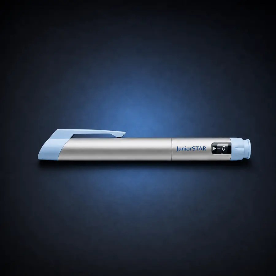 JuniorSTAR Pen - Silver 1 Silver Sanofi JuniorSTAR manual reusable pen on a dark navy background